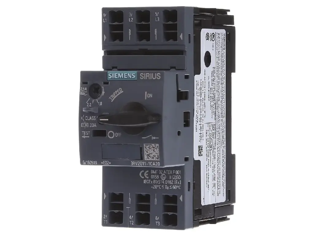 Disjoncteur de taille S00 pour la protection des moteurs, CLASS 10 Déclencheur de surcharge à temps dépendant 1,8...2,5 A Déclencheur de court-circuit 33 A Borne à ressort pouvoir de coupure standard 