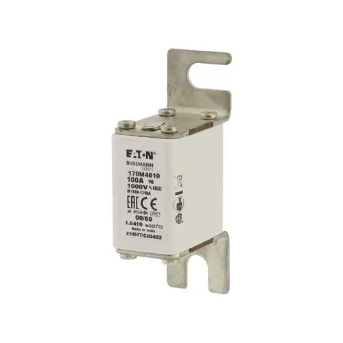 Eaton Bussmann series high speed square body fuse,100A,125 kAIC,Class aR,Blade end X Din 43-620 blade end,DIN 43 620,Standard,Clearing at 1000V: 6850,square body with centre-bolted tags (slotted),Top fuse status indicator,950,25W