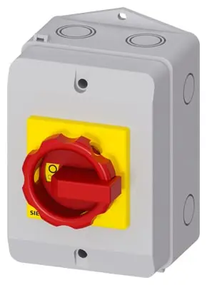 [3LD2164-0TB53] Interrupteur-sectionneur SENTRON 3LD de Siemens, conçu pour servir d'interrupteur d'arrêt d'urgence. C'est un appareil à 3 pôles avec un courant nominal de 25 A et une puissance de fonctionnement de 9,5 kW à 400 V. 