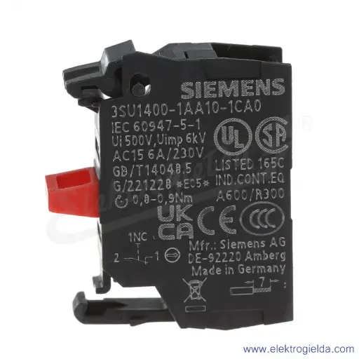 [3RU1400-1AA10-1CA0] Module de contact avec 1 élément de contact, 1 NF, borne à vis, pour montage sur plaque frontale, Quantité minimale de commande 5 ou un multiple